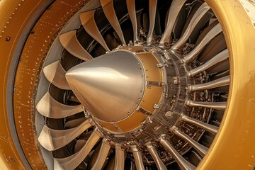Fototapeta premium Close-up View of a Jet Engine Turbine Showcasing Intricate Design and Engineering at a Modern Airport