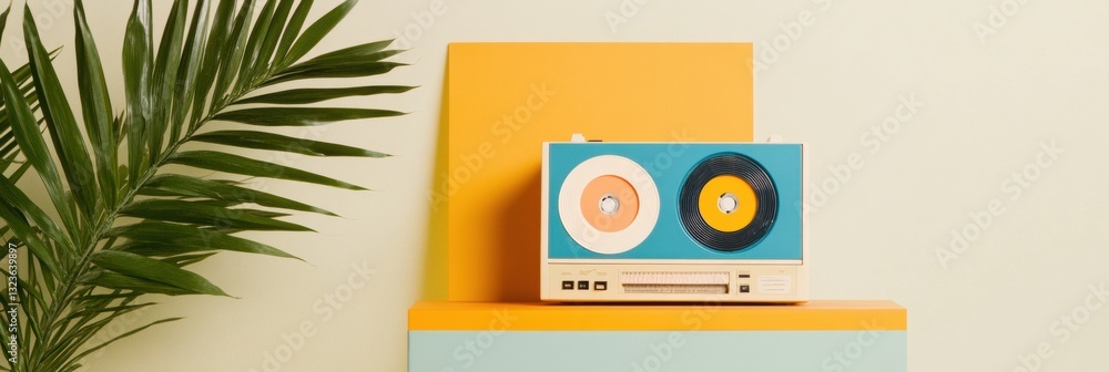 Poster nostalgic retro tech revival vintage cassette player in minimalist pop art style - millennial memory