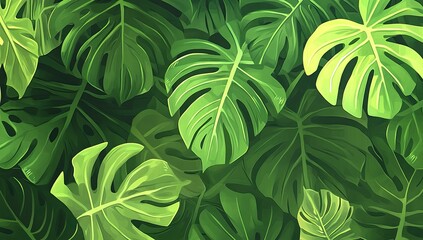 Lush tropical leaves, vibrant green, jungle backdrop, digital illustration