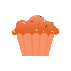 Cartoon isolated illustration with sweet muffin. Vector clipart with dessert, cupcake, pastry. Flat Design. Cute cartoon graphic element.