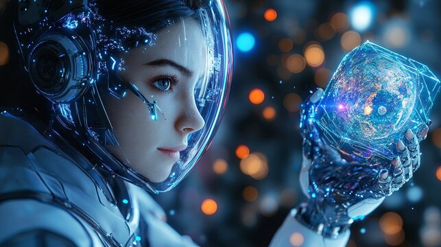 A cyborg woman commanding planets and a mysterious cube. 3D rendering