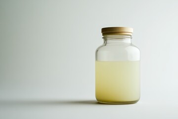 A glass jar containing a yellow liquid on white background