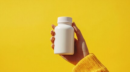 A hand holding a white medicine bottle on yellow background
