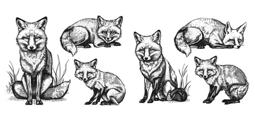 Fox vector vintage engraving, hand-drawn sketch, wild animal silhouette, black and white image, foxy animal, wildlife art, nature drawing, animal illustration, forest wildlife