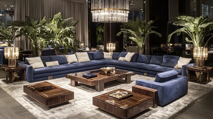 Luxurious Living Room Featuring Comfortable Blue Sofa and Elegant Chandelier with Plants