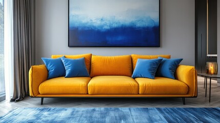 In a minimalist haven, a plush, mustard-yellow sofa, adorned with azure blue cushions, invites relaxation in a serene and inviting living room.