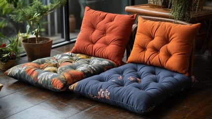 Four cushioned pads, crafted from plush materials and adorned with intricate designs, offer a haven of comfort for lounging outdoors or indoors.