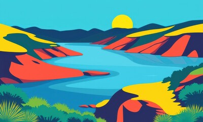 Fototapeta premium Vibrantly Colored Illustration of a Serene Natural Landscape with Rolling Hills, Lush Greenery, and a Reflective River Under a Bright Sunlit Sky