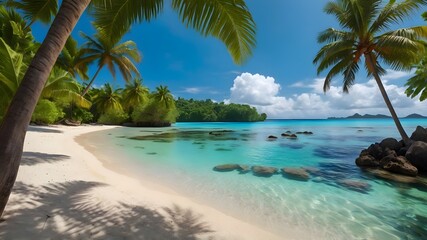  A breathtaking tropical beach with turquoise waters, white sand, and lush palm trees under a bright blue sky. The perfect vacation getaway, evoking feelings of relaxation, adventure.