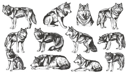 Vintage engraving illustration, gray wolf, isolated wild dog, ink sketch, black and white silhouette, animal art, hand drawn, nature design, wilderness background, wildlife image