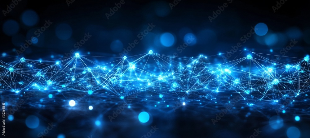 Aufkleber abstract network visualization with nodes, lines, and bokeh effect on blue background