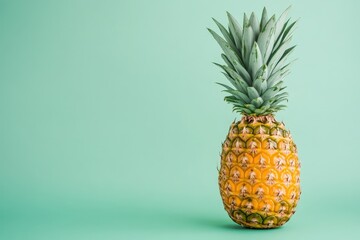 A single yellow pineapple stands against a teal colored background