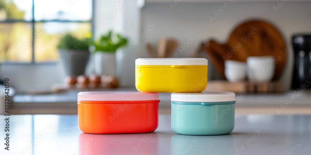Poster brightly colored containers in a modern kitchen setting. these storage boxes add a pop of color and 