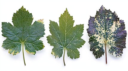 Three Distinct Grapevine Leaves Showcasing Vibrant Colors and Textures in Autumn