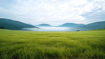 Fototapeta premium Green Field Landscape With Rolling Hills Under Cloudy Blue Sky And Foggy Horizon