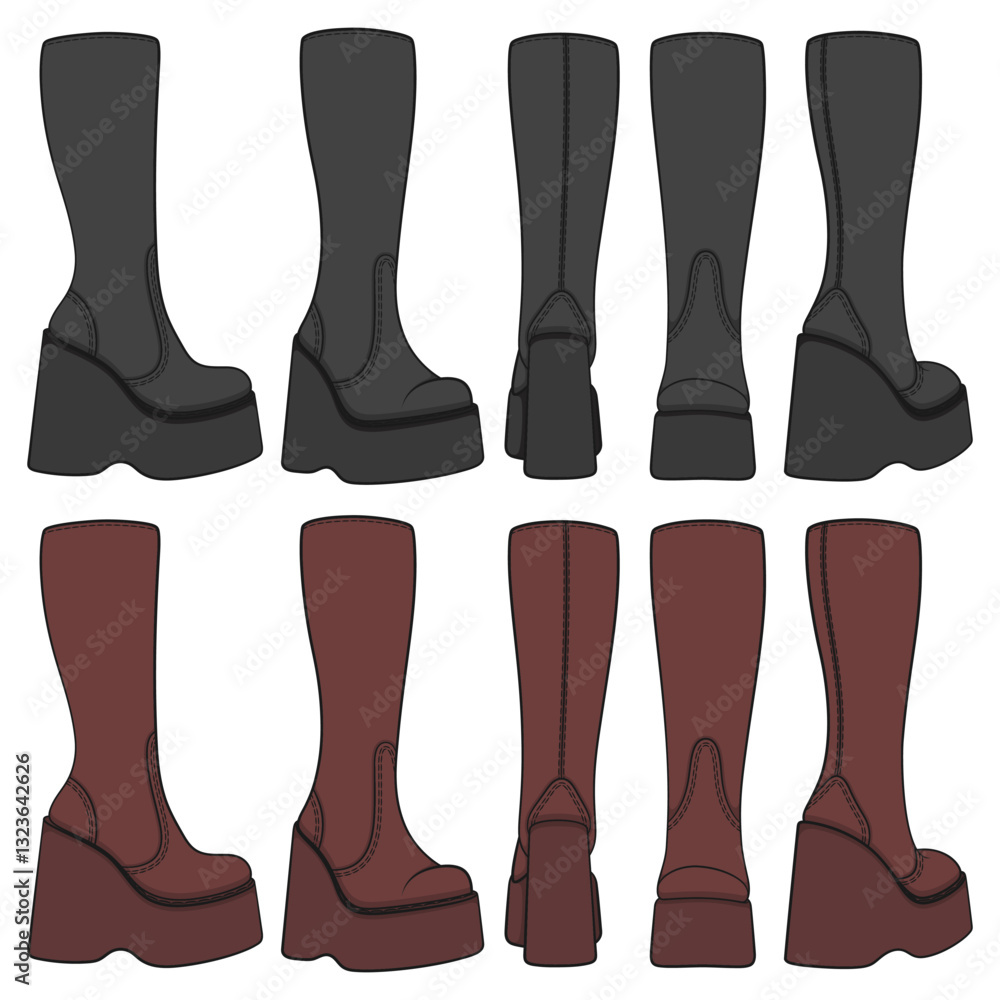 Aufkleber set of colored retro platform boots. isolated vector objects on white background.