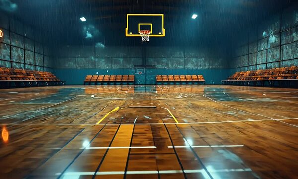 A wet basketball court under dramatic lighting, evoking a sense of solitude and anticipation.