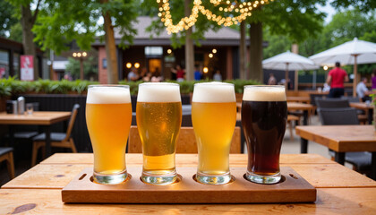 Assorted beer glasses on wooden table in outdoor pub setting