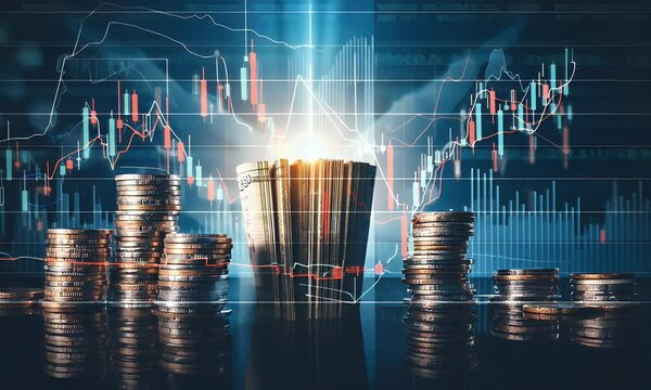 A visual representation of finance with coins, banknotes, and stock market graphs.