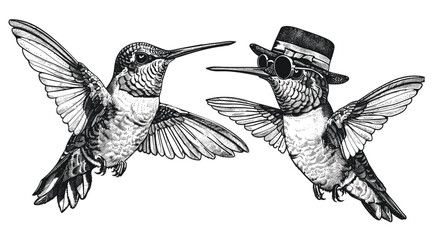 Hummingbird sketch, vector vintage engraving, ink fashion illustration, colibri silhouette, sunglasses, tropical bird, bird art, isolated humming, hipster hat, © aura studio