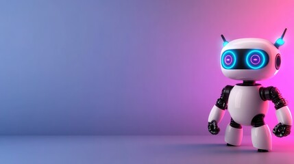 Fototapeta premium Cute white robot with blue and pink neon lights on a gradient background.