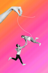 Exclusive image vertical photo collage of happy guy run girl kidnapping hand hold ribbon occupation...
