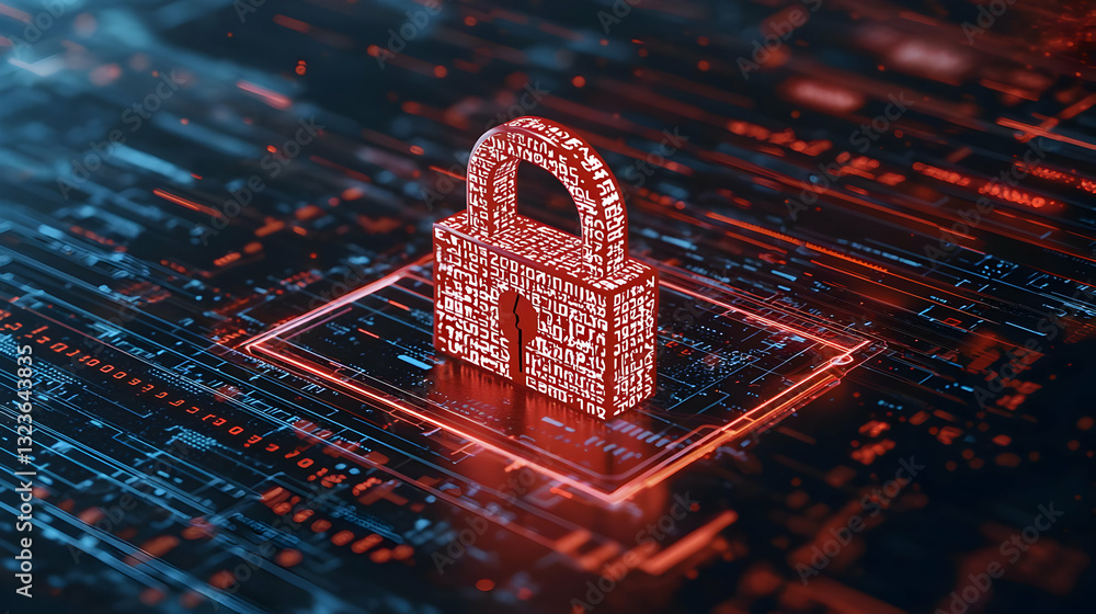 Poster red pixelated lock symbol over blue circuit board background representing digital security