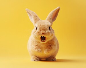 Fototapeta premium An angry bunny in a minimalistic style, set against a yellow background, captured in photorealistic detail.