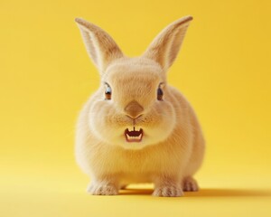 An angry bunny in a minimalistic style, set against a yellow background, captured in photorealistic detail.