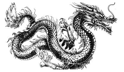 Black and white Japanese Dragon tattoo, vintage engraving illustration, snake ink sketch, hand drawn vector silhouette, Chinese character dragon, oriental art, mythical creature design