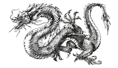 Black and white Japanese Dragon tattoo, vintage engraving, snake sketch, Chinese character silhouette art, hand drawn vector, mythical dragon design, traditional ink sketch