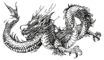 Japanese Dragon vintage engraving, snake ink sketch, dragon Chinese character silhouette, black and white tattoo art, hand drawn vector, oriental design, mythical creature