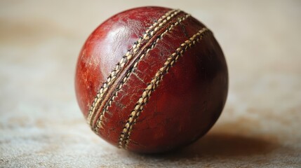 Obraz premium A close-up reveals the intricate beauty of a traditional red cricket ball, its leather surface adorned with subtle stitching details that hint at the artistry of its craft, as it rests gracefully on