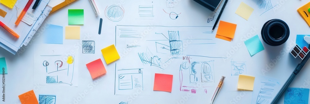 Fototapete creative brainstorming session with colorful sticky notes and hand-drawn sketches in a modern worksp