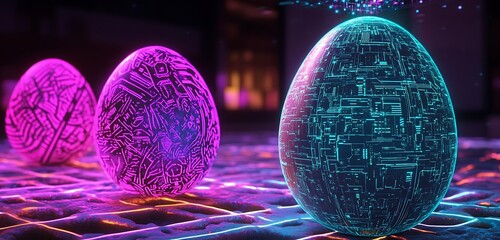Augmented reality Easter egg scanner projecting detailed AI-driven patterns onto glowing neon eggs