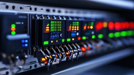 Naklejka premium Close-up of Advanced Technological Equipment with Illuminated Displays