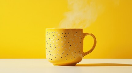 A steaming mug, its yellow surface adorned with delicate patterns, sat proudly on a stark white table, its warmth contrasting with the cool yellow backdrop, a scene of everyday tranquility.