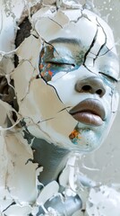 Artistic portrait of a model with cracked paint skin, reflecting emotions of vulnerability and resilience, in a soft and muted color palette