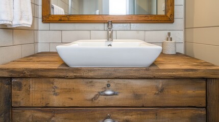 A bathroom vanity with a raw wooden pallet cabinet design.