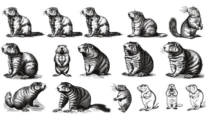 Hand drawn marmot engraving, black and white groundhog vector sketch, vintage woodchuck illustration, wildlife animal etching, artistic nature print, old-fashioned ink drawing © aura studio