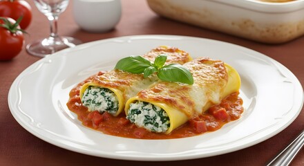 Serving Cannelloni with Spinach and Ricotta Cheese in Tomato Sauce