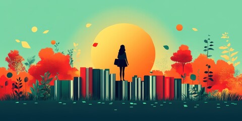 Naklejka premium Silhouette of a Woman with Books and Nature Elements against a Vibrant Sunset in a Conceptual Landscape