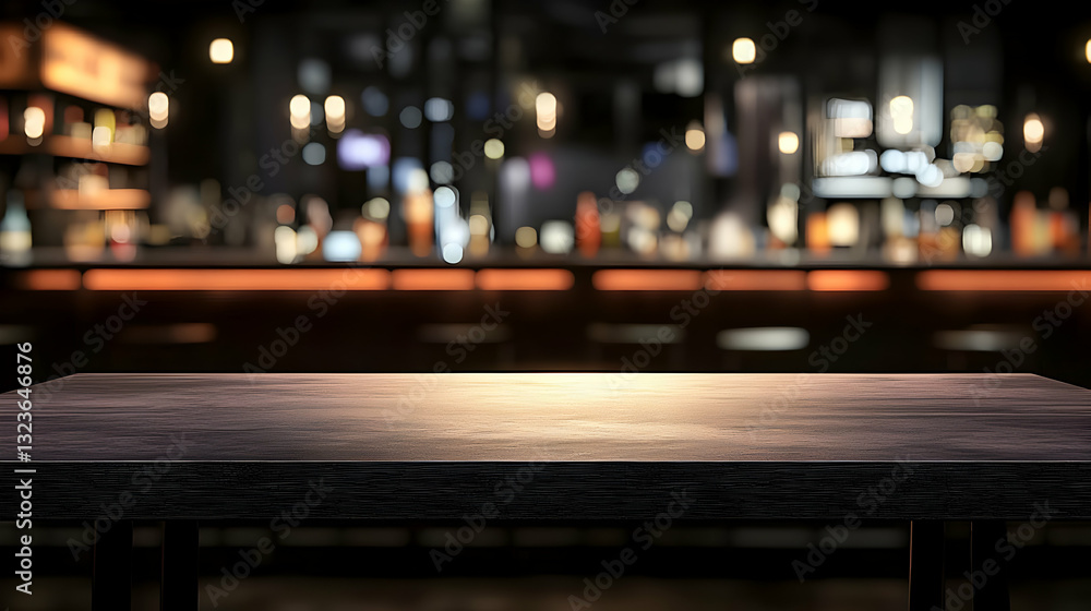 Poster empty table in dark bar interior with blurred background and soft lighting