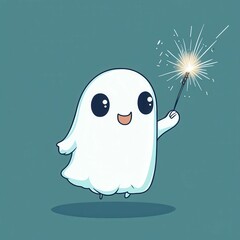 Obraz premium Sparkler Cartoon. Cute Ghost Playing with Sparkler in Funny Character Illustration