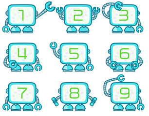 123456789の数字を画面に表示したロボットのイラストセット