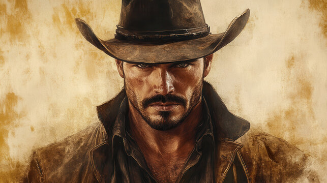 A strong-jawed frontiersman with intense gaze, slightly unshaven, wearing a classic Western hat and a worn leather coat