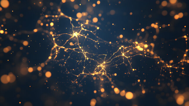 Visual art of dynamic golden particles abstract dance in dark environments