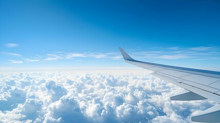 Obraz premium Airplane Wing Against A Vibrant Blue Sky Above A Sea Of White Clouds During Daylight