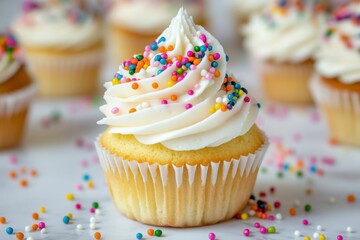 Sprinkle Rainbow Nonpareils on Cupcake with Sweet Candy Decoration