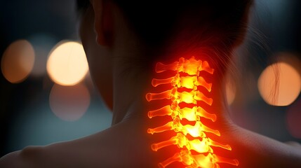 a person experiencing neck pain. Highlight the spine area in medical term